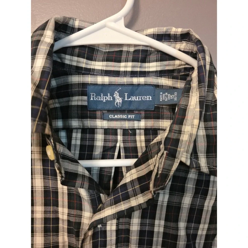 Ralph Lauren Mens Classic Fit Plaid Button Down Shirt Black White Navy 15 32/33